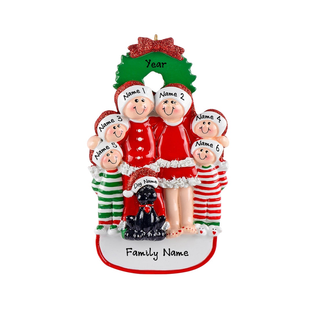 Pajama Family Ornament - Christmas Pajama Family of 6 Ornament With Dog ...