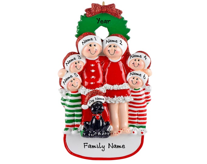 Pajama Family Ornament - Christmas Pajama Family of 6 Ornament With Dog - Personalized Family Christmas Ornament - Family Ornament With Pet