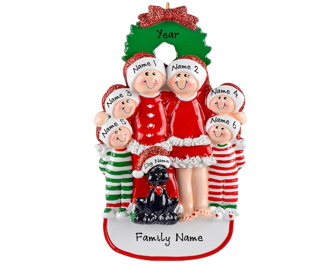 Pajama Family Ornament - Christmas Pajama Family of 6 Ornament With Dog - Personalized Family Christmas Ornament - Family Ornament With Pet