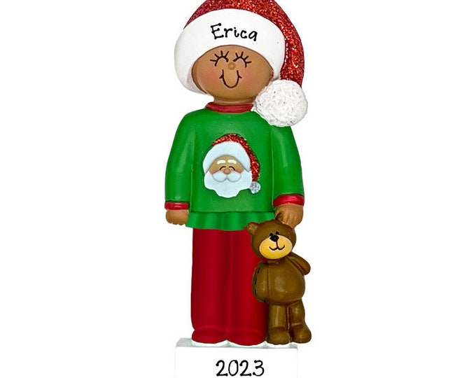 Waiting For Santa Ornament - Christmas Ornament For Toddler, Girl Wearing Christmas Pajamas, Kid's Ornament With Name, Custom Gift For Child