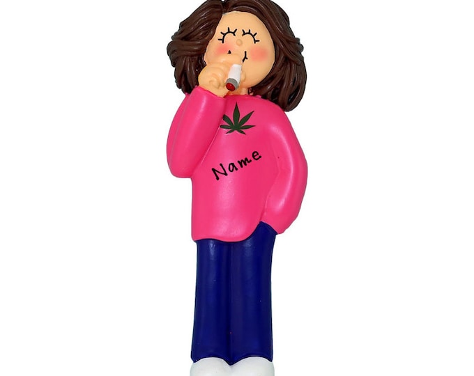 Personalized Brunette Female Smoking Marijuana Ornament - Weed Ornament, Cannabis Herb, Christmas Ornament, Keepsake Gift For Pot Smoker