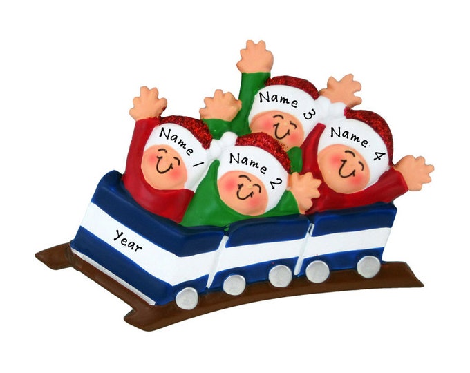 Roller Coaster Ornament - Amusement Park Ride - 4 Friends Riding Roller Coaster - Personalized Roller Coaster Family of 4 Christmas Ornament