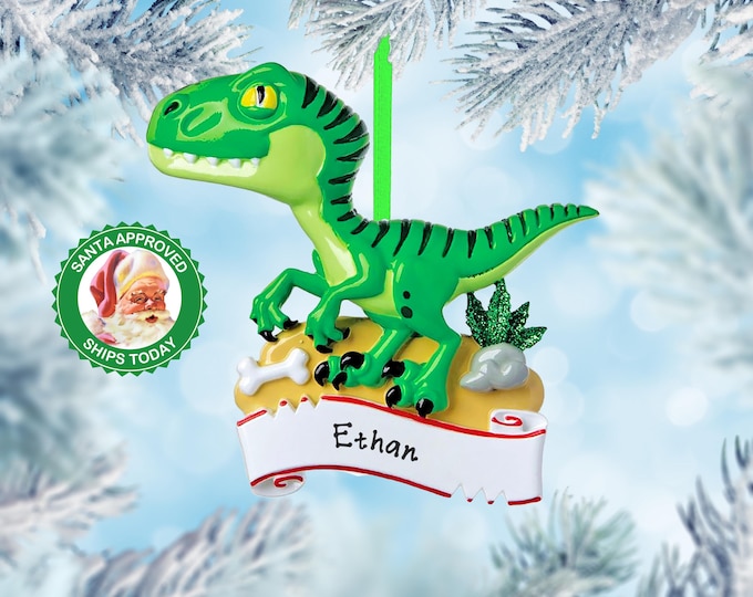 Personalized Dinosaur Christmas Ornament For Kids - T-Rex Dino Ornament For Grandkids With Toddlers Name - Custom Boys Christmas Ornament