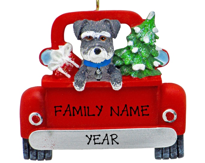 Schnauzer Dog Christmas Ornament - Puppy In Red Pickup Truck Ornament - Dog Lovers Gift - Personalized Dog Christmas Ornament