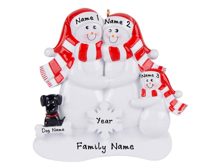 Personalized Family With Dog Ornament, Snowman Family of 3 and Dog First Christmas Ornament, Black Dog Ornament With Name, New Dog Parents