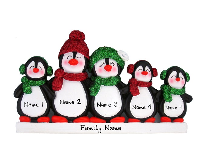 Personalized Penguin Family of 5 Christmas Ornament - Cute Penguin Family of Five Ornament. Custom Family Christmas Ornament For Grandparent