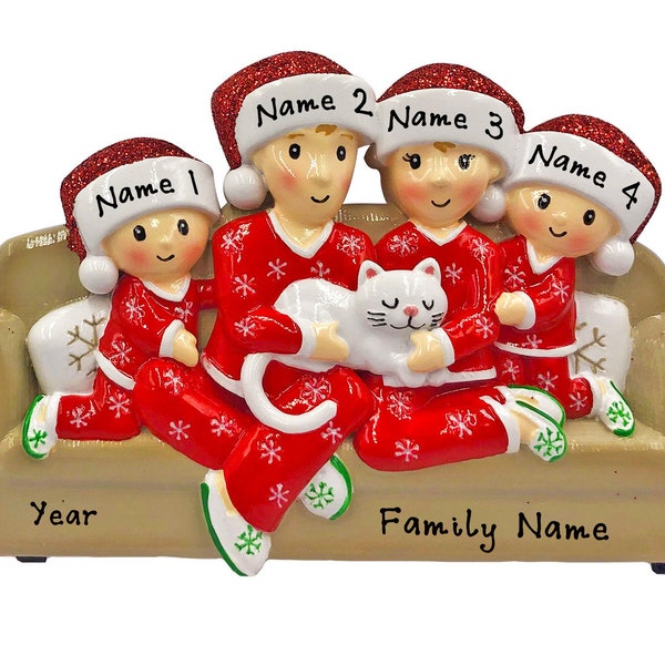 Personalized Family Ornament 2023 - Pajama Family of 4 With Cat Christmas Ornament - Family Christmas Ornament - Christmas Family With Cat