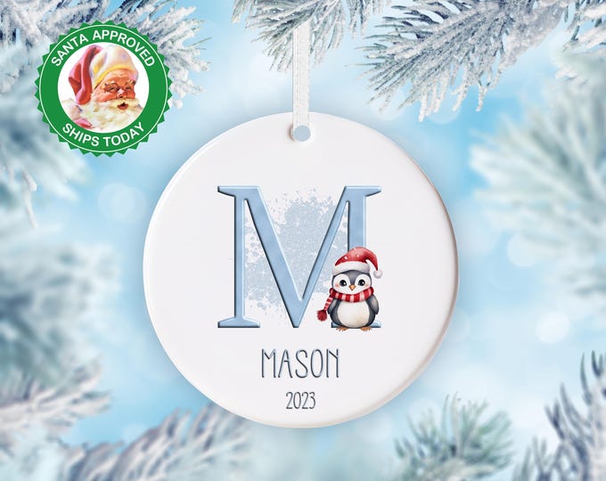 Letter Name Ornament, Custom Initial Ornament, Personalized Penguin Ornament, Monogram Family Ornament, Christmas Keepsake Gift For Kids
