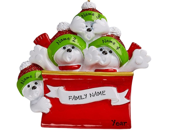 Polar Bear Family Ornament - Personalized Polar Bear Toboggan Family of 4 Christmas Ornament - Family Personalized Christmas Ornaments-