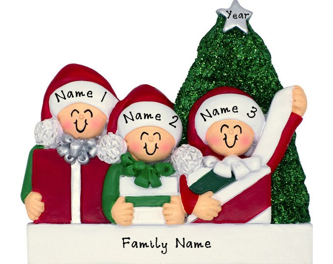 Family of 3 Opening Presents - Personalized Family Christmas Ornament - Grandkids Custom Gift For Grandparents - Family of 3 Opening Gifts