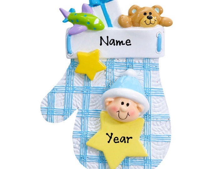 Personalized First Christmas Boy Ornament - Baby's First Christmas Ornament - Blue Mitten Ornament - Custom Baby Boy Ornament 2025