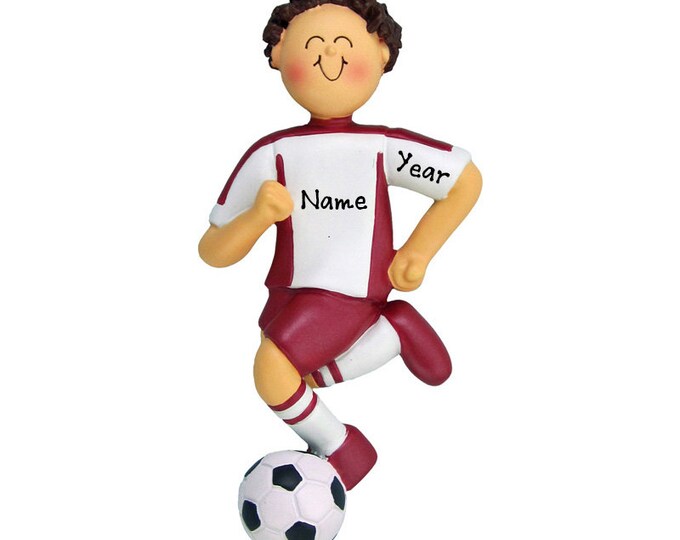 Personalized Soccer Player Boy Christmas Ornament - Soccer Brunette Boy Ornament  - Soccer Player Red Uniform - Custom Soccer Ball Ornament