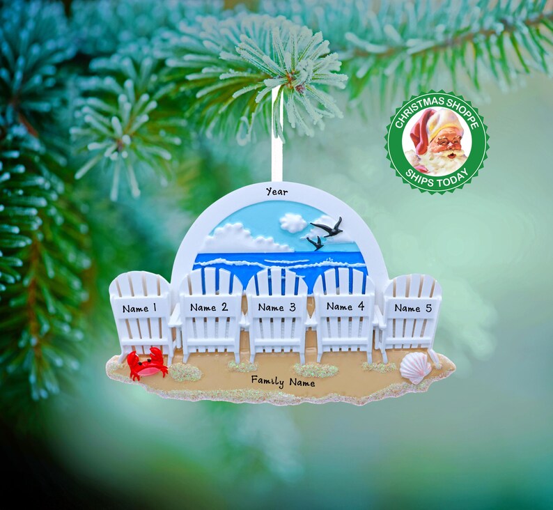 Personalized Beach Chair Ornament - Girl's Beach Trip - Family of 5 on Christmas Vacation - Trip To Beach Christmas Ornament, Nautical Décor image 2