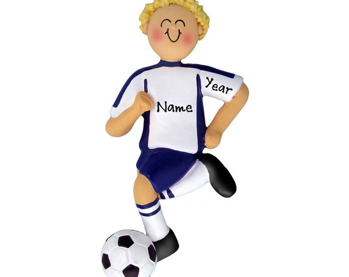 Personalized Soccer Player Boy Christmas Ornament -Soccer Blonde Boy Ornament - Soccer Player in Blue Uniform - Custom Soccer Ornament