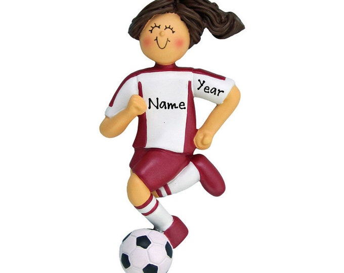 Personalized Soccer Player Girl Christmas Ornament - Soccer Brunette Girl Ornament - Soccer Player Red Uniform - Custom Soccer Ball Ornament