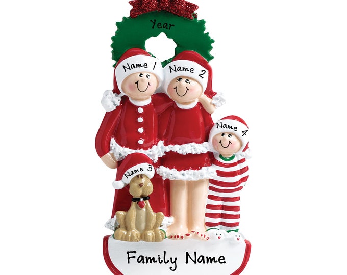 Pajama Family Ornament - Christmas Pajama Family of 3 With Dog Ornament - Personalized Family Christmas Ornament - Family Ornament With Dog
