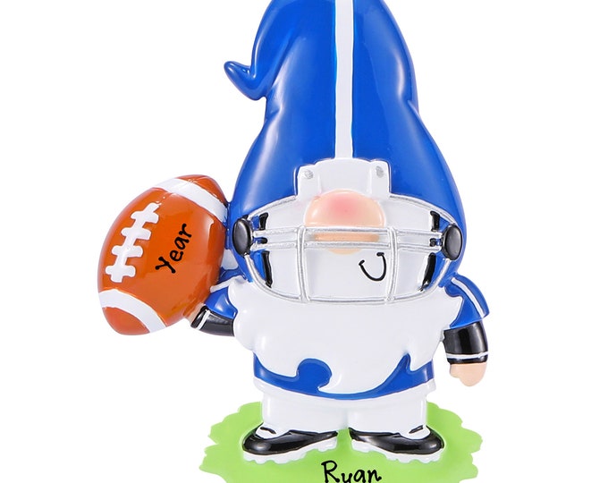Personalized Football Ornament – Gnome Football Player Christmas Ornament – Custom Name Football Ornament – Blue Football Jersey, Coach Gift