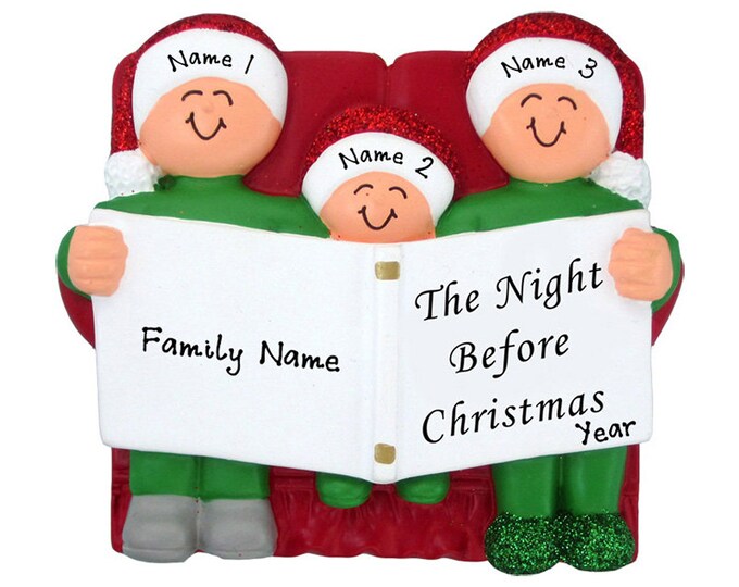 Night Before Christmas Ornament - Family of 3 Ornament - Family Christmas Ornament - Reading Bedtime Stories - Personalized Book Ornament