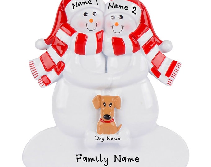 Personalized Couple with Dog Ornament, Snowman Family 2 With Dog First Christmas Ornament, Tan Dog Ornament With Pets Name, New Dog Parents