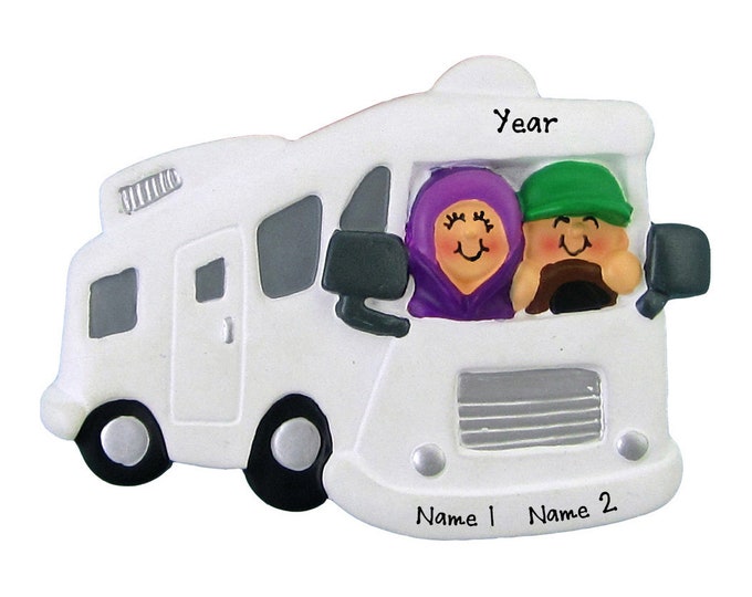 RV Camper Ornament - Family of 2 Road Trip, Camping Ornament, Motor Home Ornament, Couple's Camping Trip, Personalized Christmas Ornament