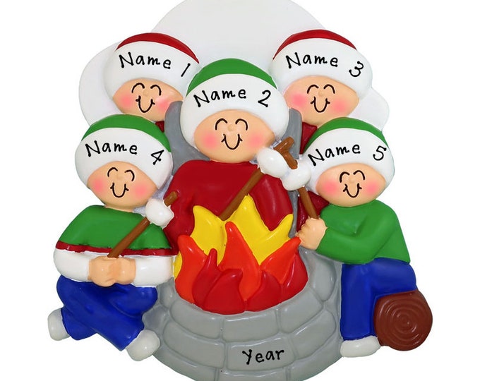 Fire Pit Ornament - Family of 5 Fire Pit Christmas Ornament - Custom Outdoor Fire Pit - Personalized Camping Family of 5 Christmas Ornament