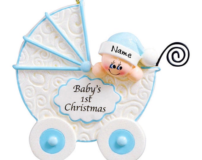 2025 Baby's First Christmas Ornament - Baby Boy in Blue Stroller - Baby's 1st Christmas Ornament - Personalized Baby Shower Gift With Name