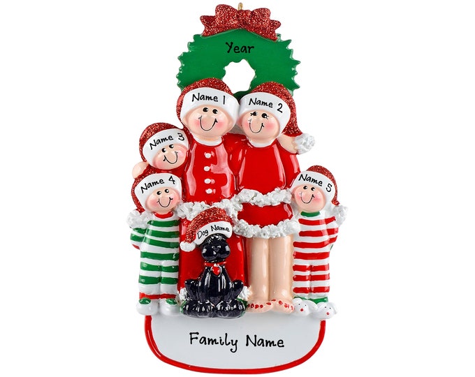 Pajama Family Ornament - Christmas Pajama Family of 5 Ornament With Dog - Personalized Family Christmas Ornament - Family Ornament With Dog