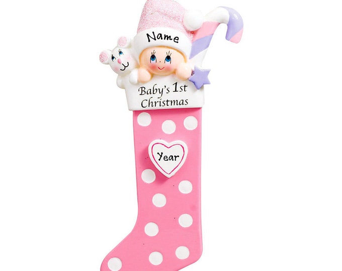 Baby First Christmas Ornament 2025  - Baby Pink Christmas Stocking Ornament - Baby Stocking Christmas Ornament - Baby Shower Gift With Name