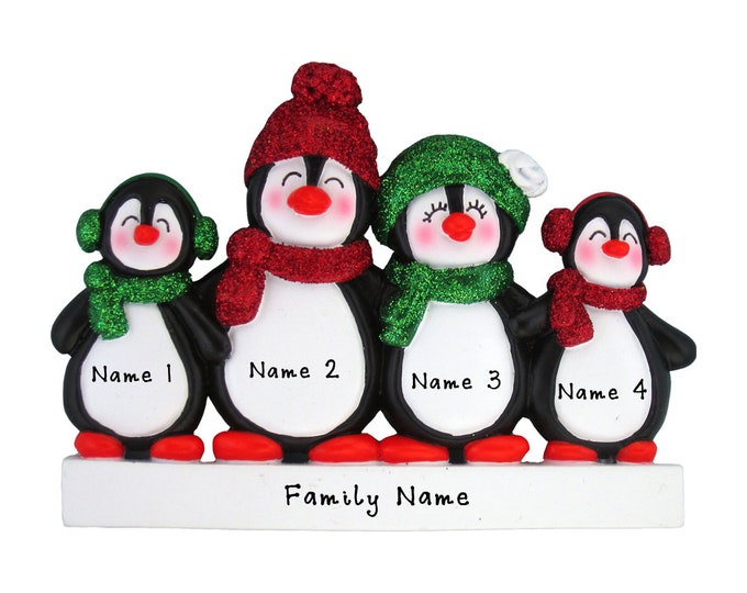 Personalized Penguin Family of 4 Christmas Ornament - Cute Penguin Family of Four Ornament. Custom Family Christmas Ornament For Grandparent