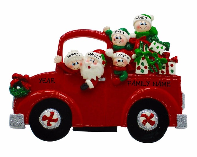 Red Pickup Truck Ornament - Family of 5 Personalized Ornament - Family Christmas Ornament - Tabletop Decoration - Gift For Grandparents