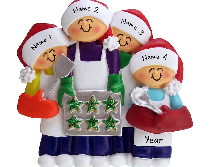 Baking Christmas Cookies - Personalized Family of 4 Baking Cookies - Family Christmas Ornament - Baking Christmas Cookies, Baker Ornament