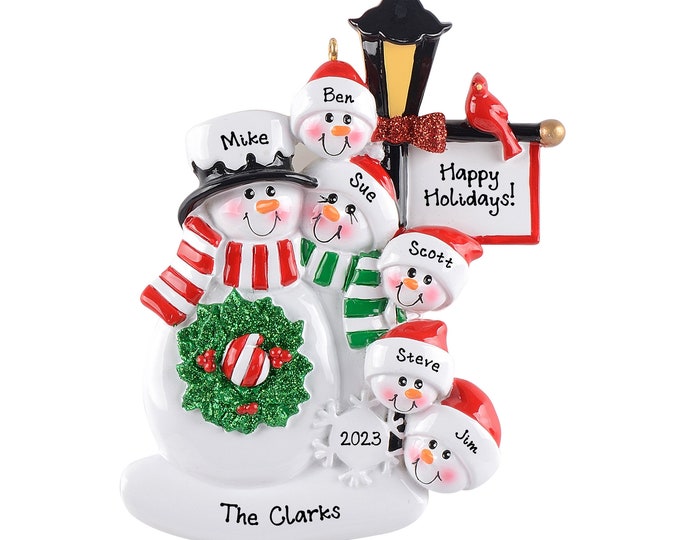 Classic Snowman Christmas Ornament Personalized 2023 - Lamp Post Family of 6 Christmas Ornament - Snow Family of Six Grandparents Gift