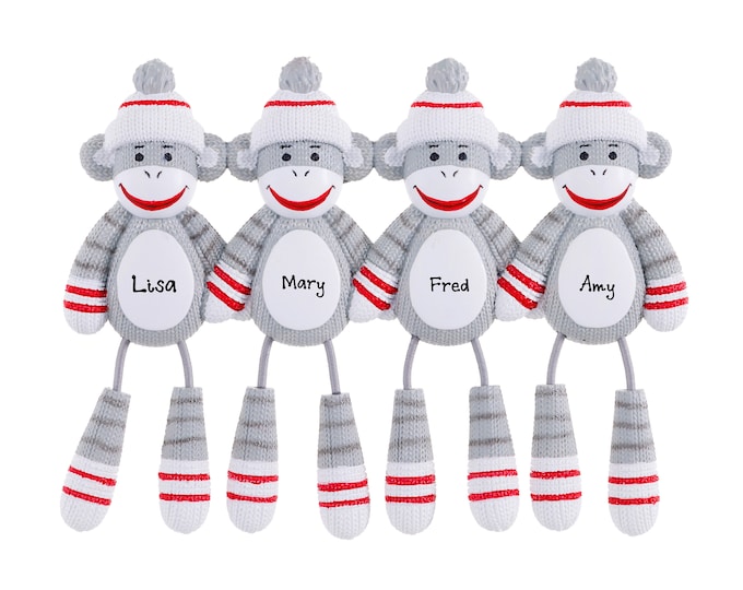 Sock Monkey Family of 4 Christmas Ornament Personalized 2025 Custom Grandkids Sock Monkey Ornament Personalized Name Gift For Grandparents