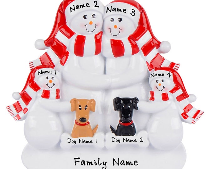 Personalized Family with 2 Dogs Ornament - Snowman Family of 4 With 2 Dogs First Christmas Ornament, Dog Ornament With Name, New Dog Parents