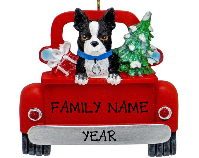 Boston Terrier Dog Christmas Ornament - Boston Puppy Dog In Red Pick Up Truck Ornament - Pet Lover - Personalized Christmas Dog Ornament