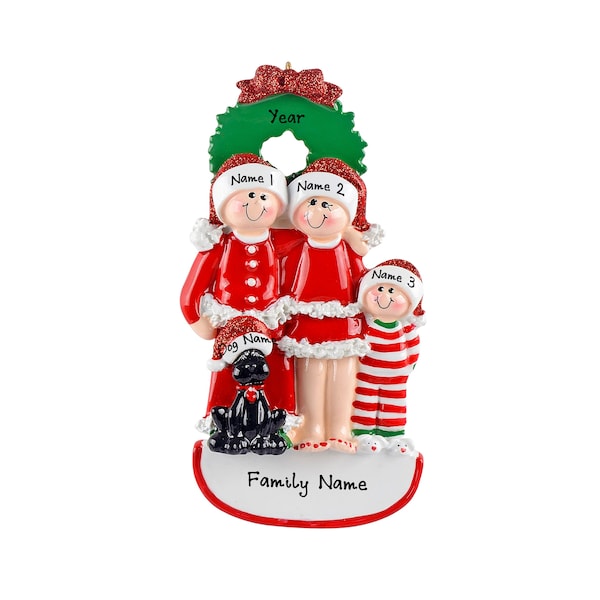 Pajama Family Ornament - Christmas Pajama Family of 3 Ornament Dog - Personalized Family Christmas Ornament - Family Ornament With Pet