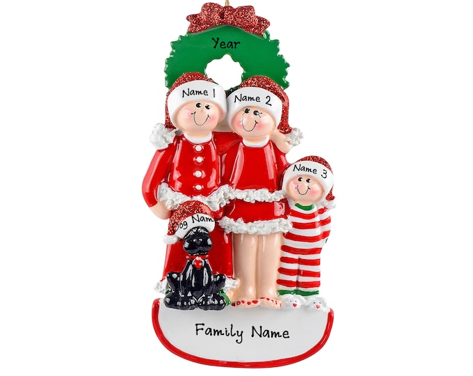Pajama Family Ornament - Christmas Pajama Family of 3 With Dog Ornament - Personalized Family Christmas Ornament - Family Ornament With Pet