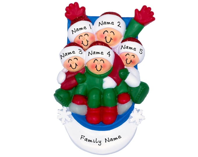 Personalized Family Christmas Ornament - Family of 5 Snow Sledding Ornament - Snow Sled Ornament - Custom Sledding Ornament For GrandKids