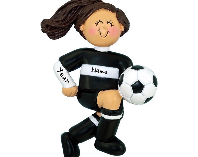 Personalized Soccer Girl Christmas Ornament - Brunette Girl Soccer Ornament - Soccer Player Black Uniform - Custom Soccer Gifts For Girls