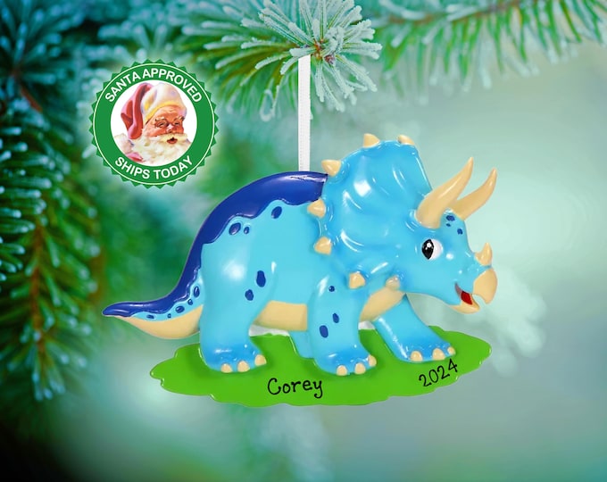 Personalized Dinosaur Christmas Ornament For Kids - Boys Christmas Ornament, Custom Triceratops Ornament, Unique Jurassic Park Gift For Girl