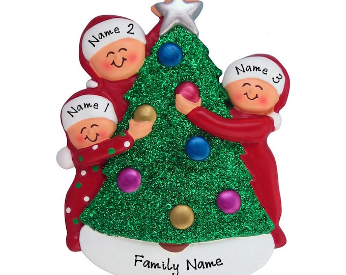 Personalized Decorating Tree Ornament - Family of 3 Christmas Ornament - Decorating Tree Family of 3 Personalized Family Christmas Ornament