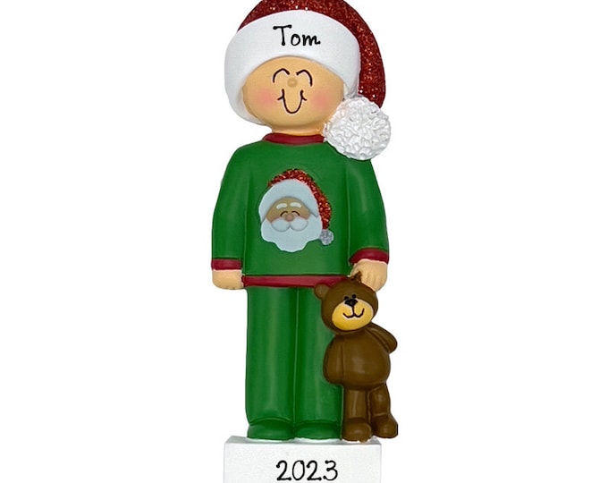 Waiting For Santa Ornament - Christmas Ornament For Toddler - Boy Wearing Christmas Pajamas, Kid's Ornament With Name, Custom Gift For Child