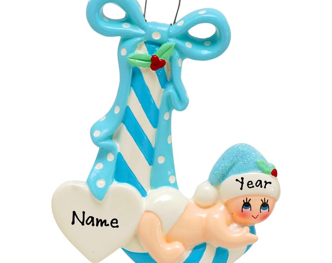 Baby's First Christmas Ornament - Personalized First Christmas Boy Ornament - Custom Baby Boy Ornament 2023 - Blue Candy Cane Ornament