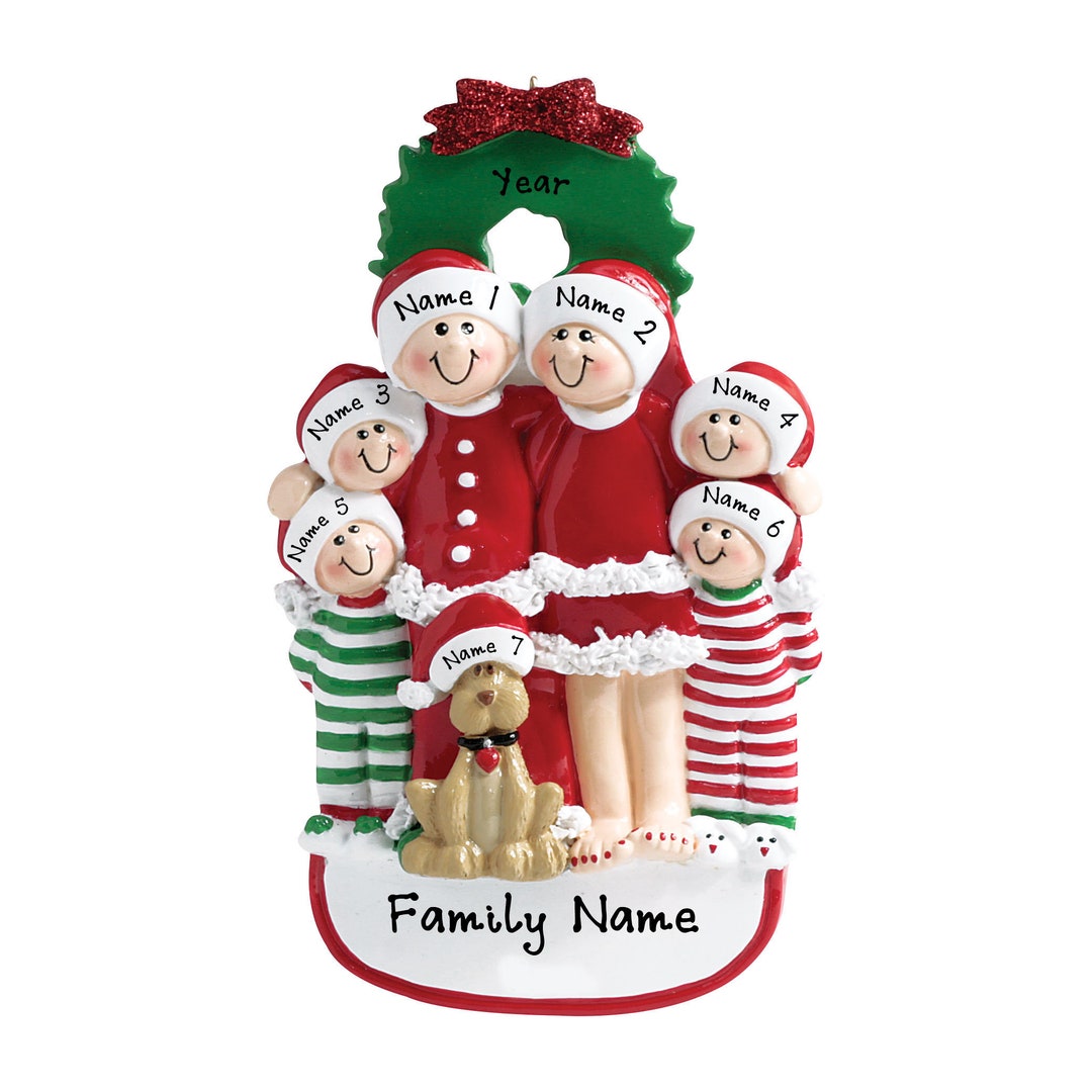 Pajama Family Ornament - Christmas Pajama Family of 6 With Dog Ornament ...