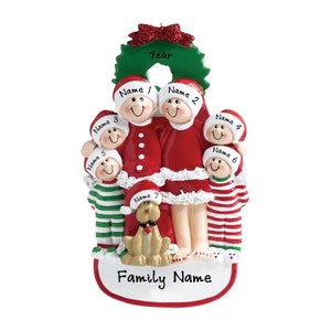 Pajama Family Ornament - Christmas Pajama Family of 6 With Dog Ornament - Personalized Family Christmas Ornament - Family Ornament With Dog