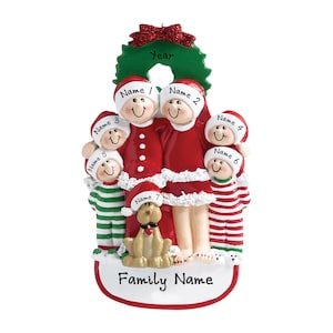 Pajama Family Ornament - Christmas Pajama Family of 6 With Dog Ornament - Personalized Family Christmas Ornament - Family Ornament With Dog