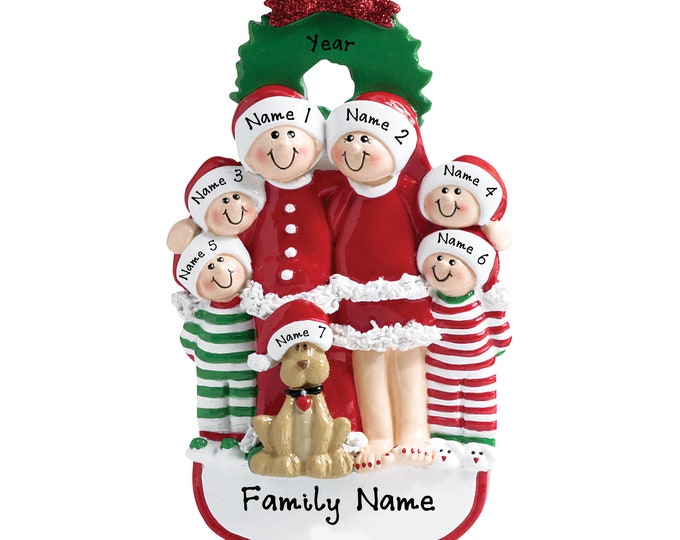Pajama Family Ornament - Christmas Pajama Family of 6 With Dog Ornament - Personalized Family Christmas Ornament - Family Ornament With Dog