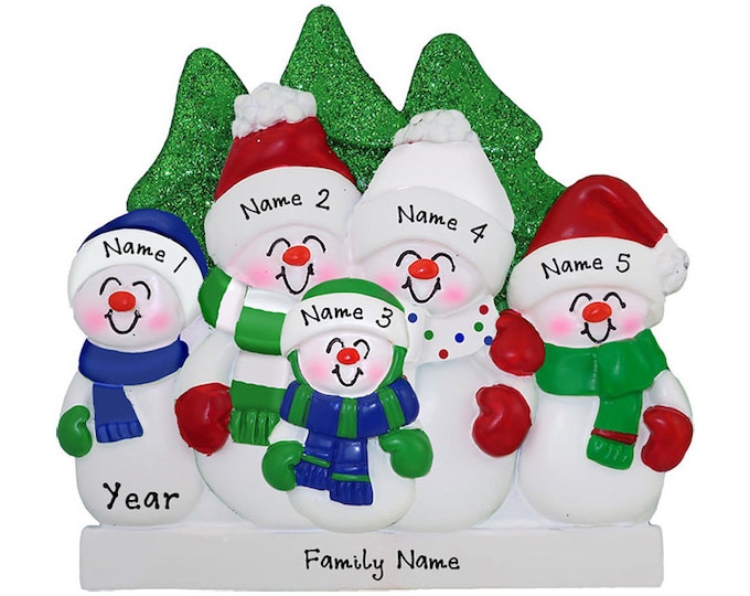 Snowman Family Ornament - Family of of 5 Snowmen Ornament - Personalized Family Christmas Ornament - Custom Ornament With Name - Family Gift