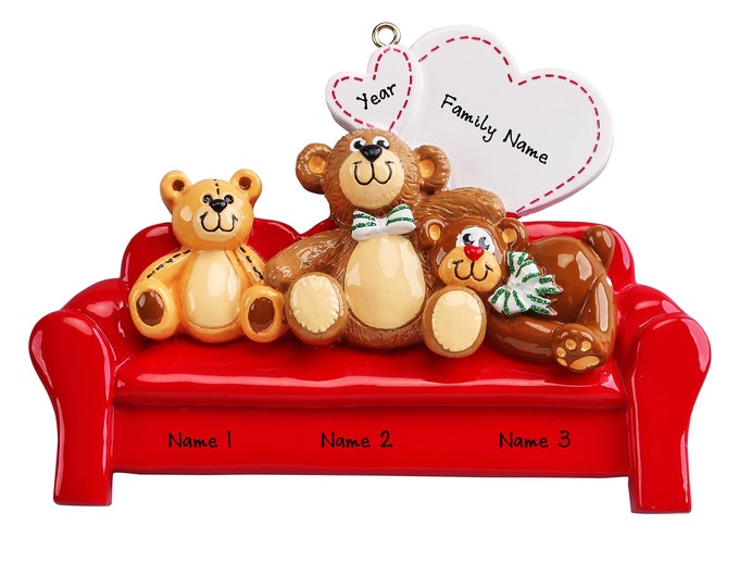 Personalized Bears On Couch Family of 3 Christmas Ornament - Teddy Bear Ornament - Family Christmas Ornament - Personalized Family Gift