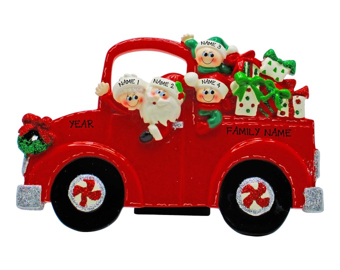 Red Pickup Truck Ornament - Family of 4 Personalized Ornament - Family Christmas Ornament - Tabletop Decoration - Gift For Grandparents